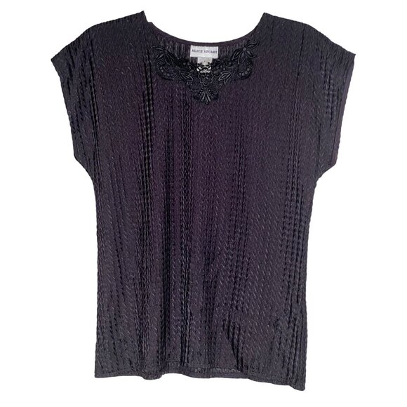 VTG Alice Stuart Small Black Top Pull Over Textured Weaved Floral Lace - Picture 1 of 13